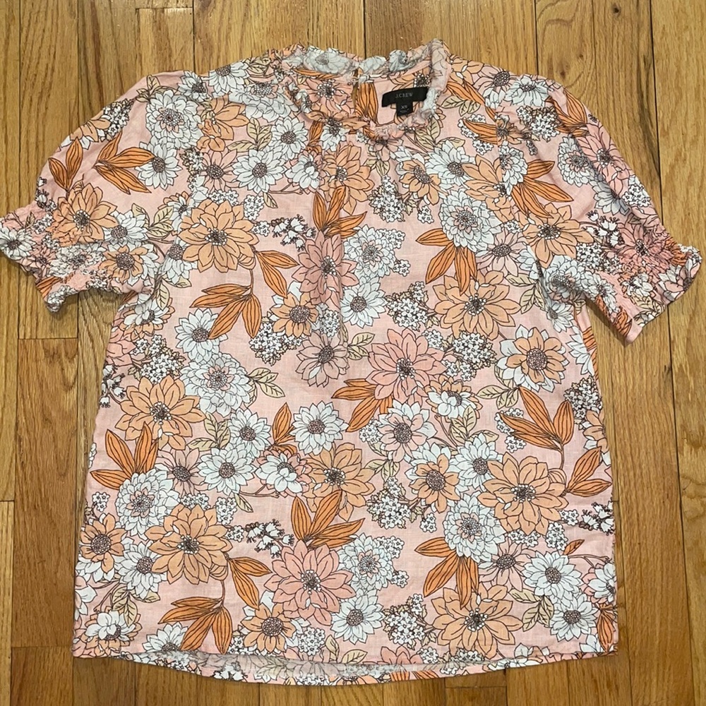 J.Crew Smocked Puff Sleeve Linen Top in Zinnia Size XS